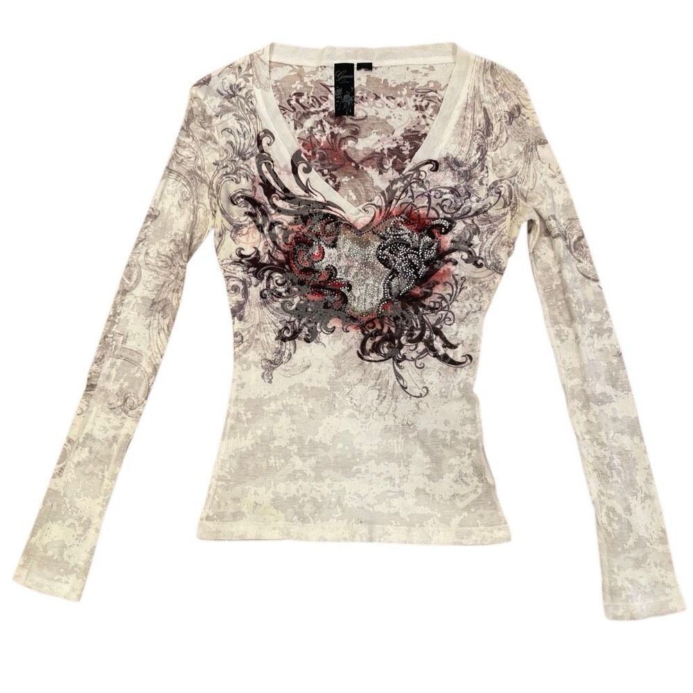 Guess Jeans Womens Long Sleeve Burnout T-Shirt M Mosscore Punk Bleeding Heart